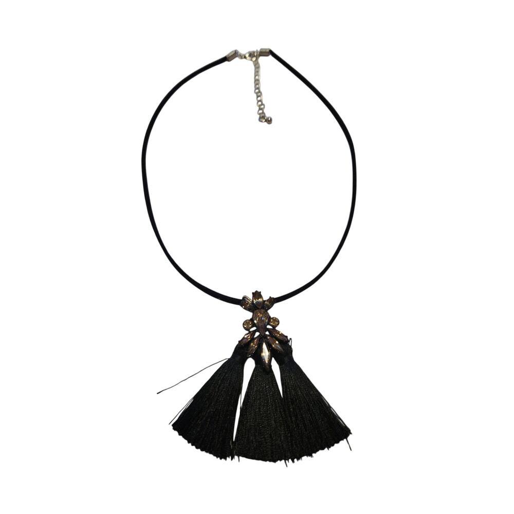 Handmade Upcycled Rhinestone Black Tassel Statement Necklace Gothic Boho OOAK